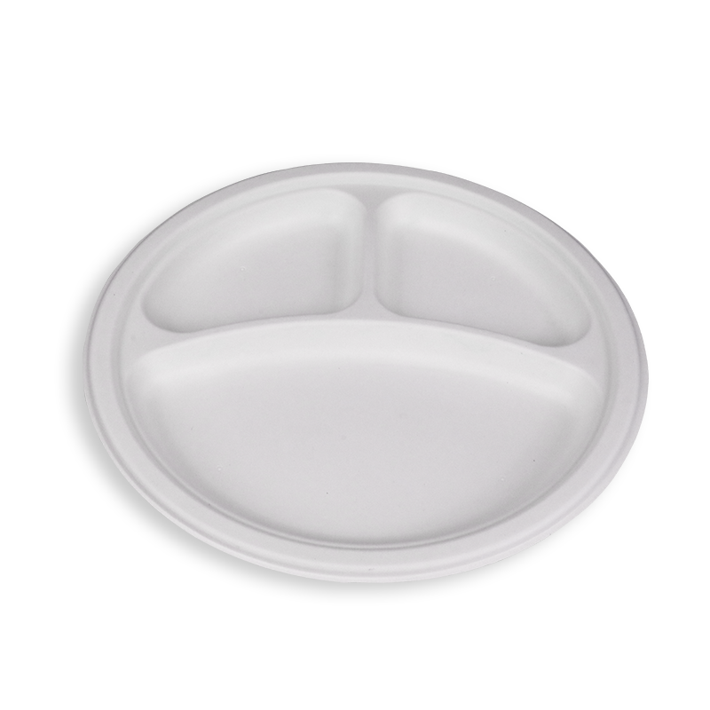 Bagaço de cana-de-açúcar biodegradável 10'' Placas redondas de 3 compartimentos